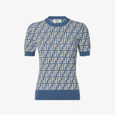 Fendi Women's Summer Blue and White FF Letter Print Round Neck Knit Short Sleeve T-Shirt #76317