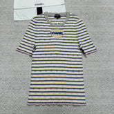 Chanel Women's Spring/Summer Letter Printed Striped Round Neck Short Sleeve Knit Sweater T-Shirt #75782