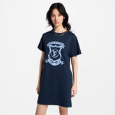 Louis Vuitton Women's LV Coat of Arms Printed Chain Summer Cotton Stretch Knit Round Neck Short Sleeve T Shirt Dresses #77851
