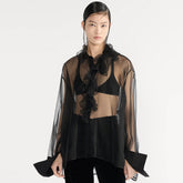 Dior Women's Translucent ShirtIn Black Mulberry Silk Organza Effect Fabric With Removable Ruffle Collar #332636