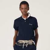 MiuMiu Women's Summer Dark Blue Letter Logo Embroidery Cotton Straight Short Sleeve Polo Shirt T-Shirt #77944