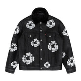 Denim Tears x Levi's Men's and Women's Autumn and Winter Black Leather Cotton Loop Logo Printed Lapel Single Breasted Long Sleeve Jacket Mid Calf Casual Pants Suit Set #74881