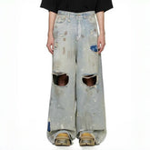 Vetements Men's Four Season Mid Rise Solid Color Distressed Holes Jeans Casual Cotton Loose Wide Leg Pants Ngvp #1211