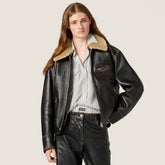 MiuMiu Women's Fur Collar Vintage Distressed Zip Black Nappa Leather Jacket #332783