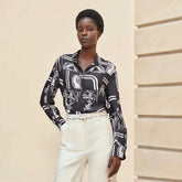 Hermes Women's Pattern Printed Lapel Long Sleeve Solid Color Spring And Autumn Loose Blouse Silk Shirt Ngvp #2116