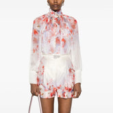 Zimmermann Women's High Neck Floral Print Long Sleeve Crush Shirt Solid Color Summer Silk Cotton Removable Belt Zipper Closure Casual Shorts Ngvp #1525