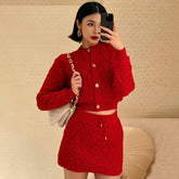 Louis Vuitton Women's Spring And Autumn Solid Color Single Breasted Ribbed Round Neck Long Sleeved Single-breasted Wool Cardigan Jacket Sweater Drawstring Mid Waist Casual Skirt Suit Set #74753