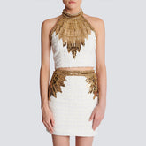 Balmain Women's Summer Color Block Beaded And Rhinestone-Embellished Short Halter Tank Top Casual High-Street Sequined High-Waisted Tweed Skirt Ngvp #2262