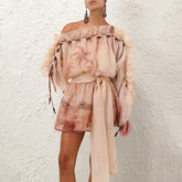 Zimmermann Women's Spring and Summer Show Pink Slant Strapless Loose Waist Ruffle Short Dresses #76189