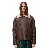 Loewe Men's Autumn And Winter Shearling Pilot Jacket Solid Color Zipper Lapel Loose Leather Jacket ?Ngvp #9776