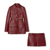 Gucci Women's Autumn and Winter Solid Color Lapel Embossed Printed Leather Mid-Length Drawstring Long Sleeve Jacket Coat Zipper Casual Shorts Set Suit #75286