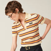 MiuMiu Women's Spring And Summer Striped Polo Shirt Knitted Fashion Trend Retro Short-sleeved Logo Short T-shirt Tops #81639