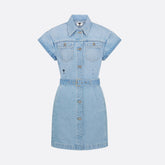Dior Women's Summer High Street Denim Solid Color Belt Printed Pocket Button Cotton Short Sleeve Shirtdress Dresses #77854