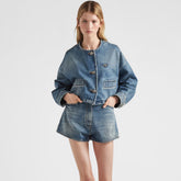 Prada Women's Spring/Summer/Fall Triangle Logo Waistband Denim Solid Color Single-Breasted Short Cotton Denim Blouson Jacket #81583