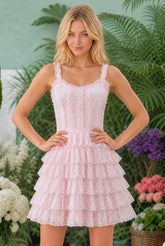 ISLA Pink Isla Eyelet Lace Ruffle Mini Dress