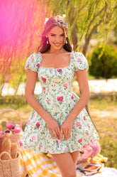 ROSABELLA Mint Green Floral Puff Mini Dress