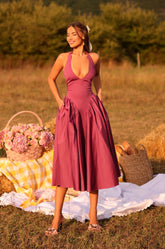 SOLENA Vintage Rose Purple Halter Midi Dress