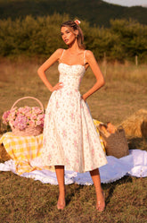 MEADOWA Cream White Floral Corset Midi Dress