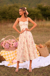 ROSELLA Cream White Floral Corset Midi