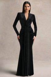 Halima | Black Velvet Plunge-Neck Maxi Dress With Gathered Detailing