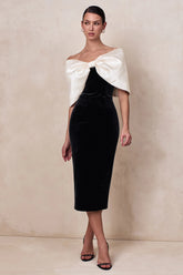 Twilight | Black And White Velvet Bardot-Neck Midi Dress With Oversized Satin Bow