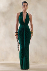 Lesley | Bottle Green Plunge-Neck Maxi Dress