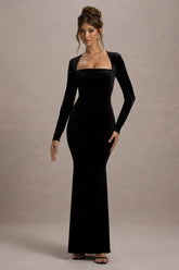 Morana | Black Velvet Square-Neck Long-Sleeve Maxi Dress
