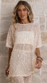 Zabby Sequin Oversized T-Shirt - Beige
