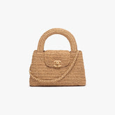Chanel Mini Shopping Bag Braided Raffia Gold Tone Metal Dark Beige #335258