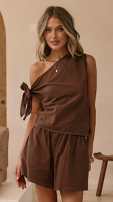Zahavah Off Shoulder Top and Shorts Set - Chocolate