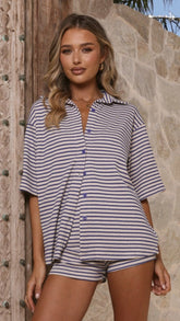 Sashi Button Up Shirt and Shorts Set - Blue Stripe