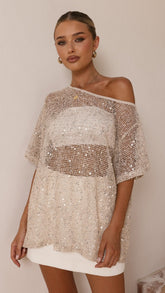 Zinnie Sequins Off Shoulder Top - Beige