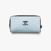 Chanel Large Zipped Pouch Canvas Calfskin Silver-tone Metal Blue And Black Stylish And Elegant Make-up Bag Bags #84397A