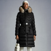 Moncler Fall/Winter Women's Fur Collar Logo Label Waist Long Solid Color Down Jacket Black #293107