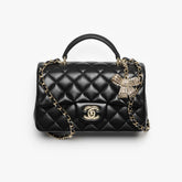 Chanel Mini Classic Handbag With Top Handle Lambskin Diamanté & Gold Metal Black #381896