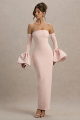 Myah | Pink Bandeau Long-Sleeve Maxi Dress With Puff Cuffs