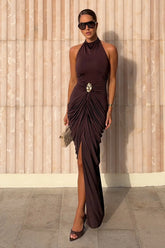 Horizon | Brown High-Neck Maxi Dress With Draped Detailing