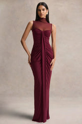 Brialle | Burgundy High-Neck Maxi Dress With Mesh And Gathered-Detailing