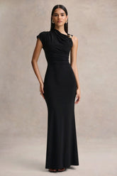 Blaire | Black Asymmetric-Neck Maxi Dress With Gold-Detailing