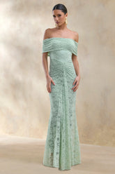 Elinor | Sage Lace Bardot-Neck Maxi Dress With Gathered-Detailing