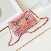 Chanel Women's Pink Chain Tartan Fabric Badge Print Single Shoulder Crossbody Bag Bags #77412
