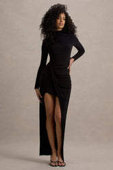 Victoria | Black Long-Sleeve Maxi Dress With Wrap Skirt