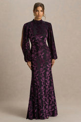 Janet | Black And Purple Devore High-Neck Maxi Dress With Cut-Out Details
