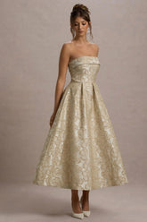 Zuma | Gold Metallic Jacquard Strapless Midi Dress