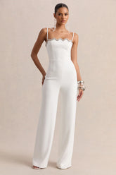 Calira | White Scalloped Square-Neck Jumpsuit
