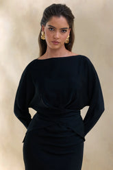 Miravia | Black Satin Wide-Neck Long-Sleeve Top
