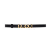 Gucci Women's Gold Logo Smooth Buckle Black Leather Thin Belt #98151