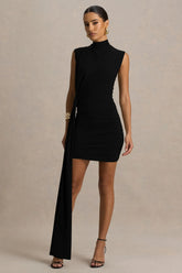 Sorenna | Black High-Neck Mini-Dress With Wrap And Sash Detail