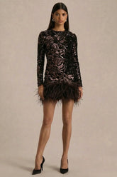 Stardust | Brown Sequined Velvet Crew-Neck Mini Dress With Feather Trim