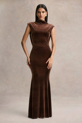 Malora | Brown Velvet High-Neck Maxi Dress With Open-Back